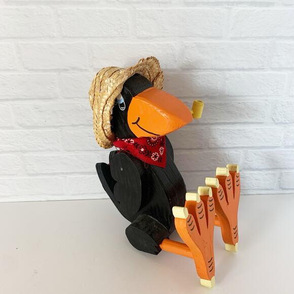 Primitive Black Crow Wood Shelf Sitter Figurine in Straw Hat Fall Pipe Folk Art - Picture 2 of 7